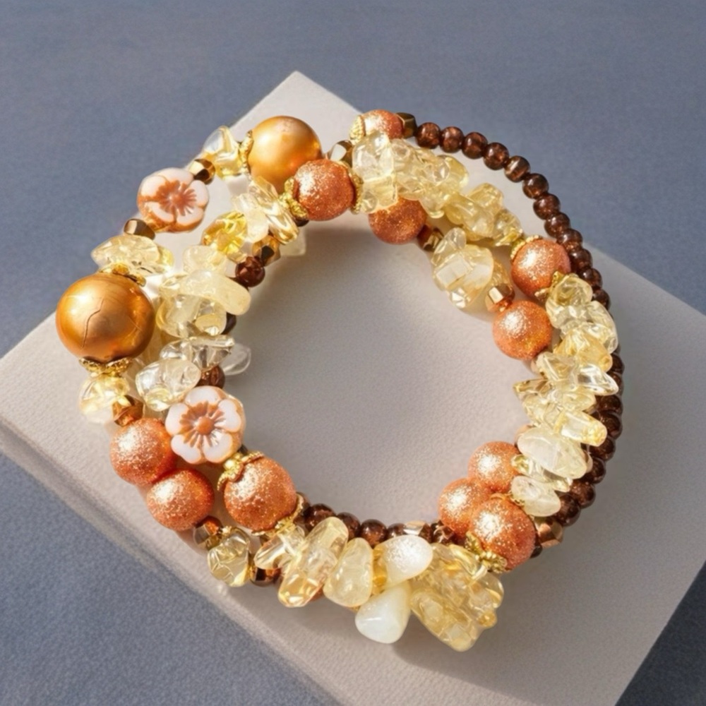 TERRA GEMMS Vault Series Amber Citrine Gemstone Triple Bracelet Ensemble